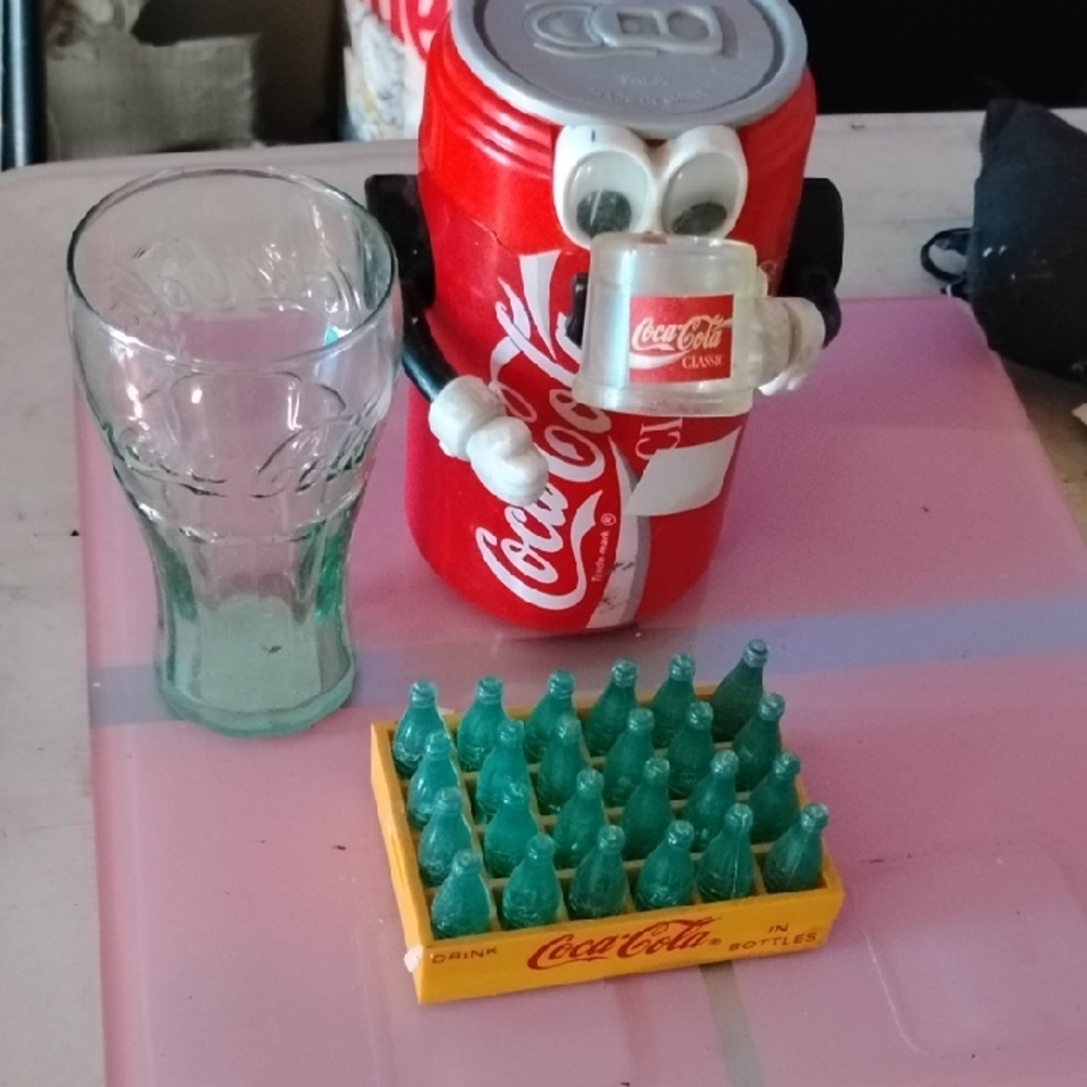 Coca-Cola Red Can Character Coin Bank with Glass and Mini Bottles - Picture 1 of 4